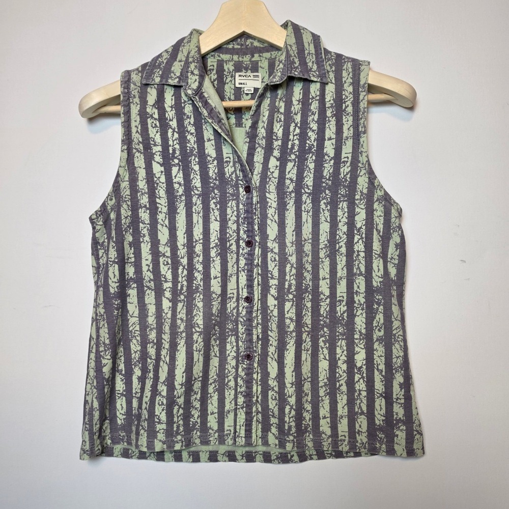 RVCA Distressed Vertical Stripe Sleeveless Button Down Shirt Green Purple Small